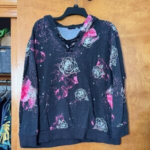 Torrid Black and Pink Floral Lace-Up Sweater
